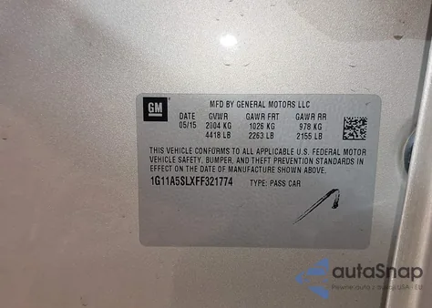 2015 Chevrolet Malibu 1Fl из США, поврежденный, VIN 1G11A5SLXFF321774